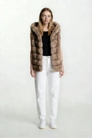 Short Lavender Sable Hooded Vest