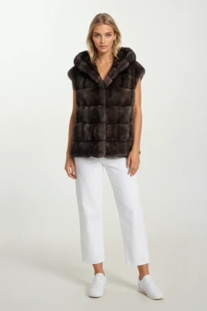 Short Dark Sable Hooded Vest
