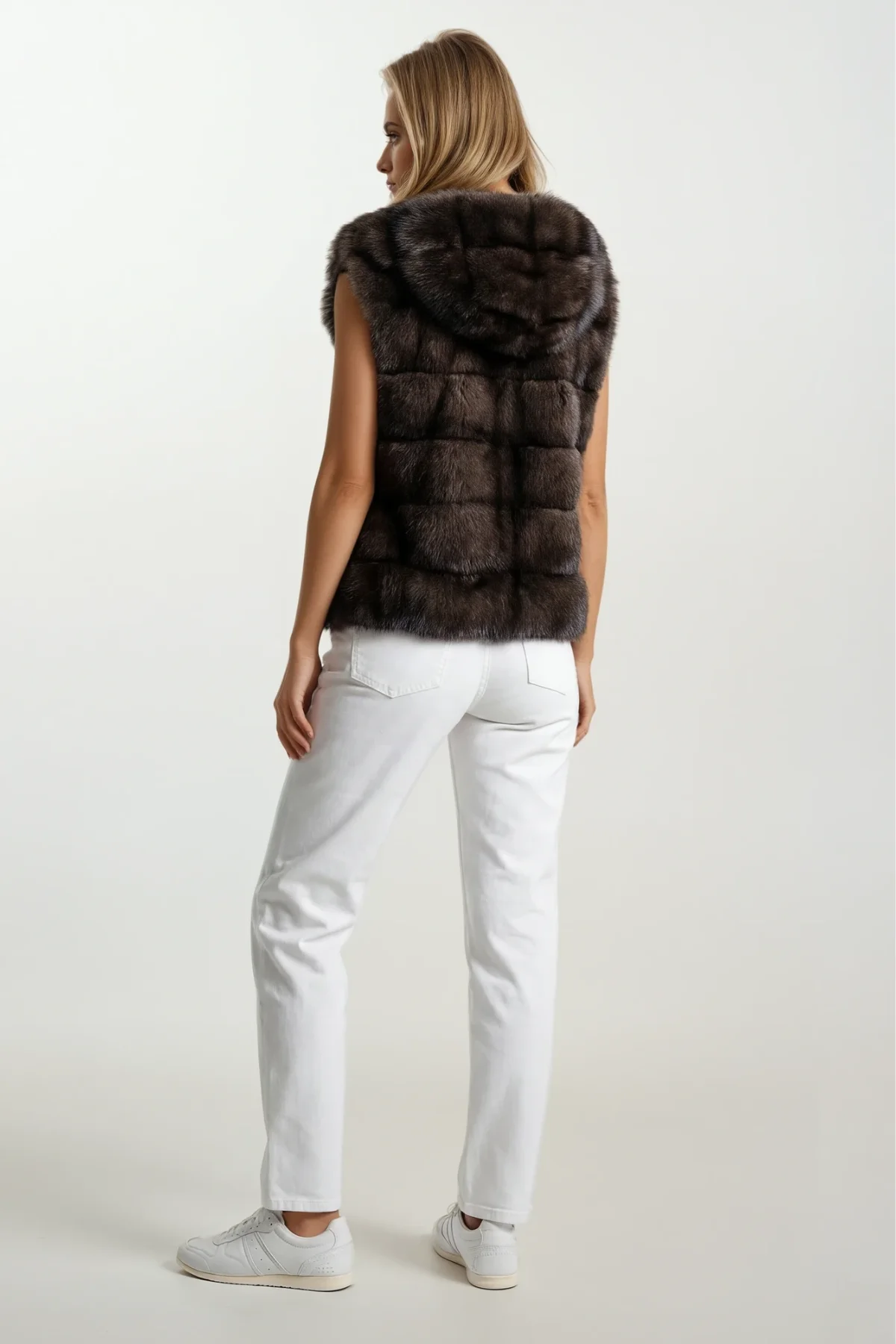 Short Dark Sable Hooded Vest - Image 2