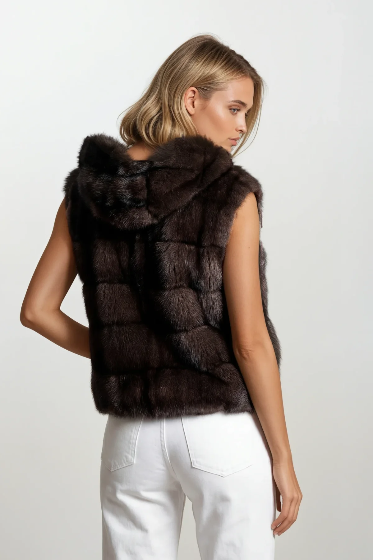 Short Dark Sable Hooded Vest - Image 4