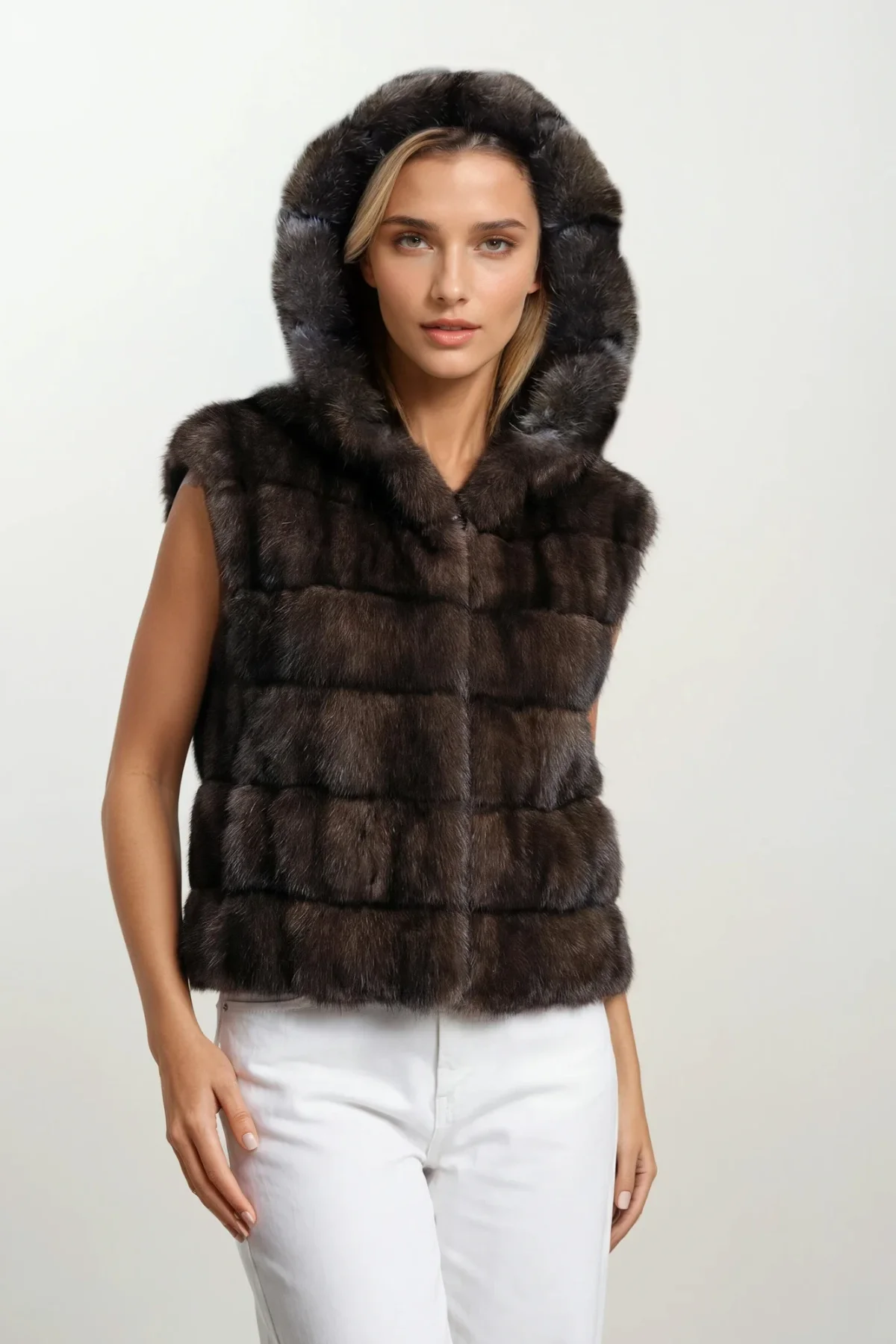 Short Dark Sable Hooded Vest - Image 3